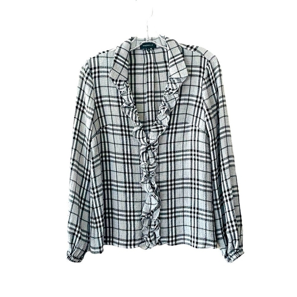 Majorelle Black Plaid Ruffle Marina Blouse XS Long Sleeve Sheer Revolve Top - Picture 5 of 8